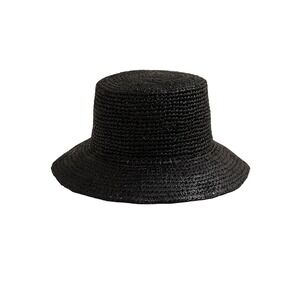 J. Crew Wide Brim Raffia Bucket Hat Black Straw S/M